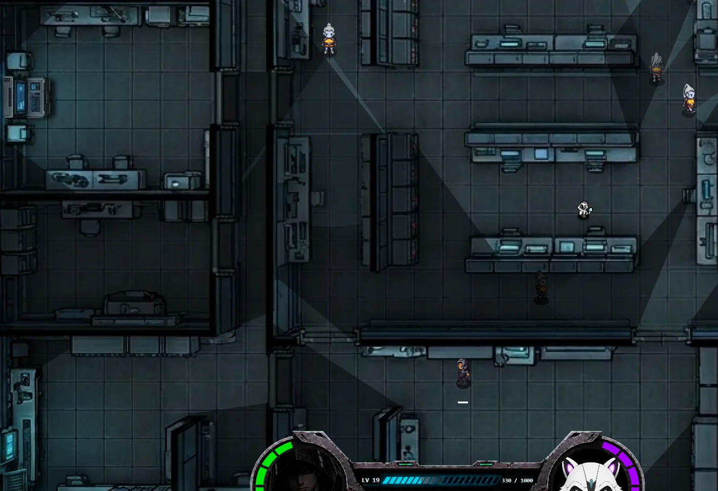 Top-down view of a dark research lab: guards patrol with vision cones while Kobe moves through shadow, with the Kobe and Xero health rings and level bar at the bottom of the screen.