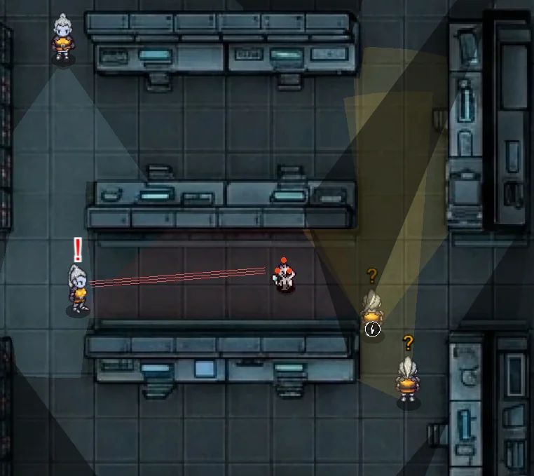 A guard spots Kobe between lab benches; a red sightline links them while two more guards turn, question marks over their heads.