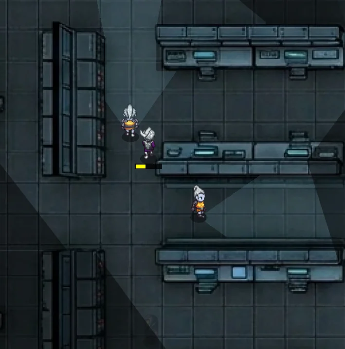 Top-down lab with guards patrolling between server racks and benches under sweeping vision cones.