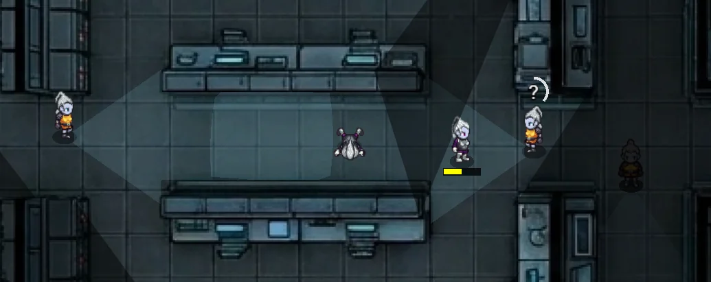 Top-down lab: Xero is deployed in the centre of a room while guards with vision cones patrol either side.