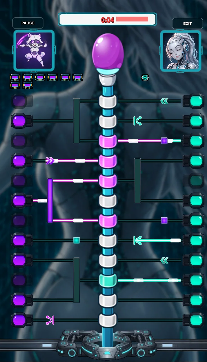 Neural Penetration in play: Xero and a guard face off across rows of purple and teal nodes around a central core, with a countdown timer.
