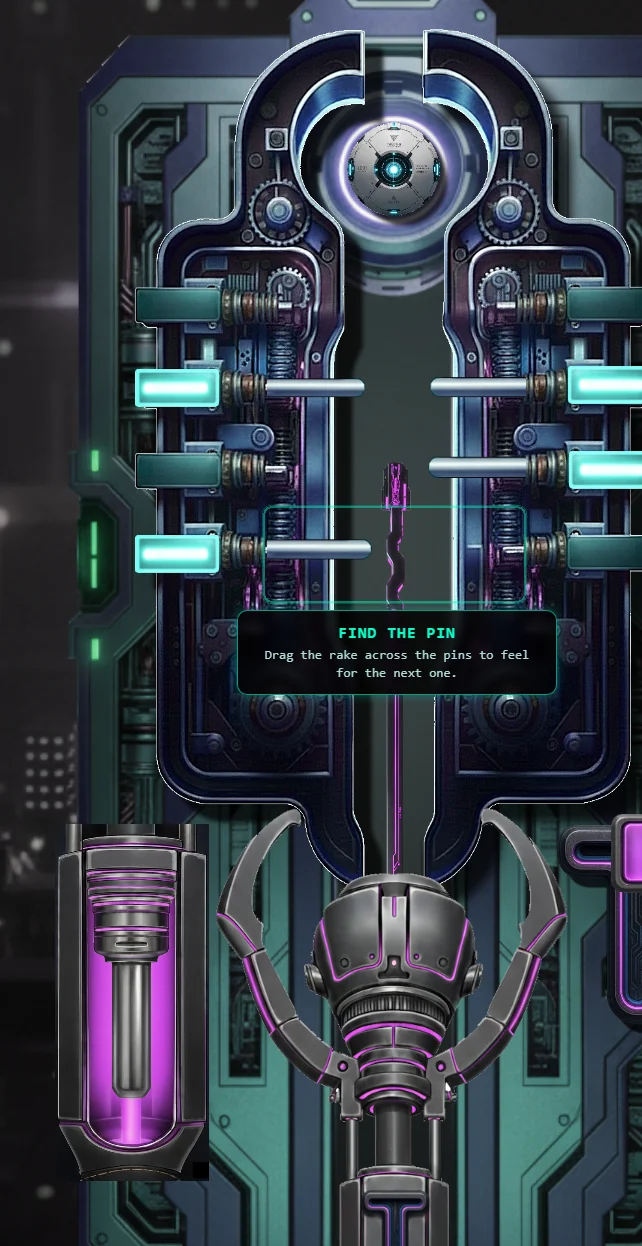 Core Breach in play: a mechanical lock with glowing pins, a rake tool and the prompt 