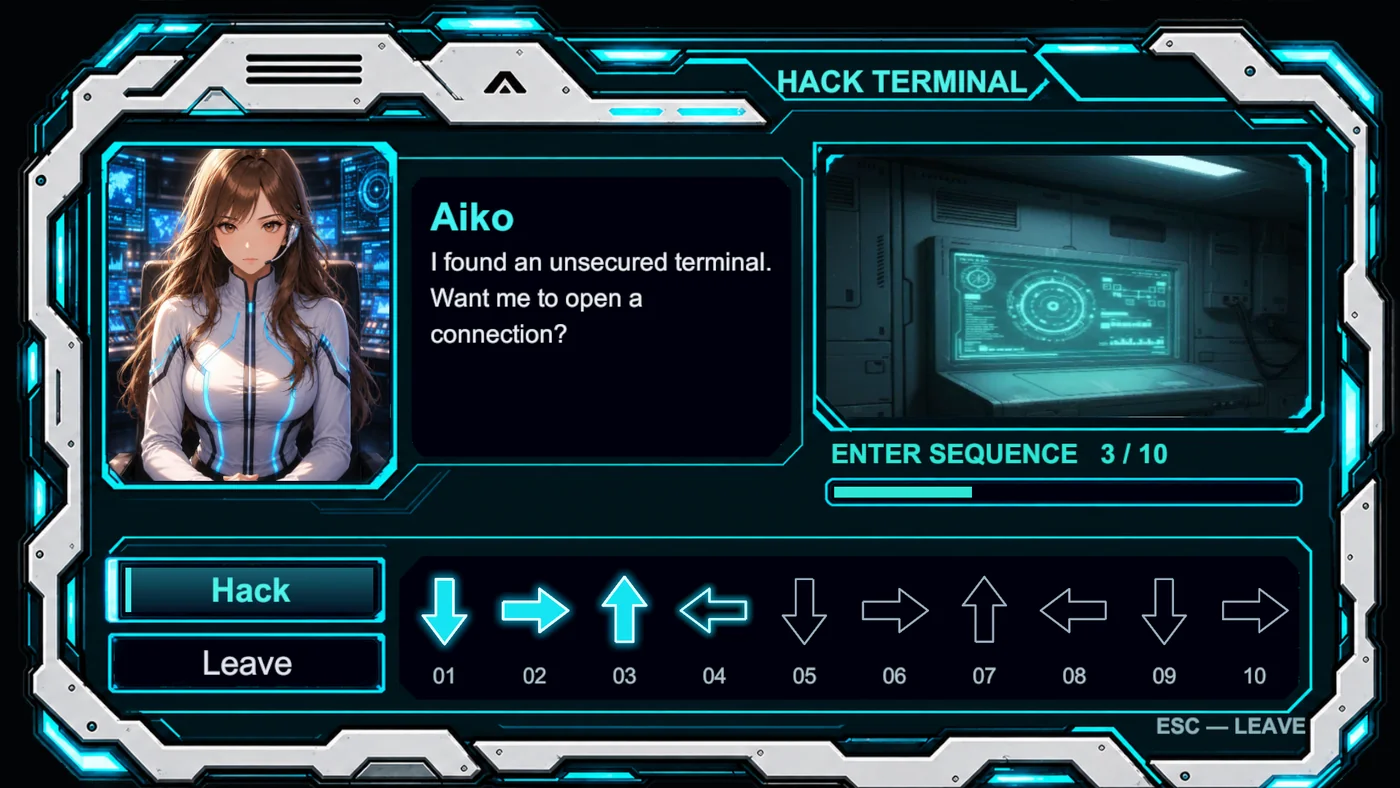 Hack terminal screen: an arrow-sequence input at step 3 of 10, with Aiko asking 