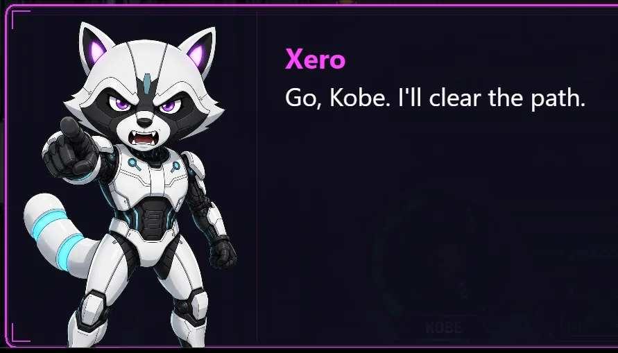 Visual-novel dialogue: Xero, Kobe's robot companion, says 
