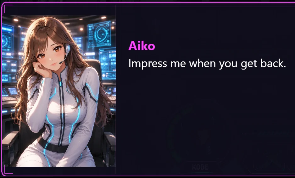 Visual-novel dialogue: Aiko, chin on hand at her console, says 