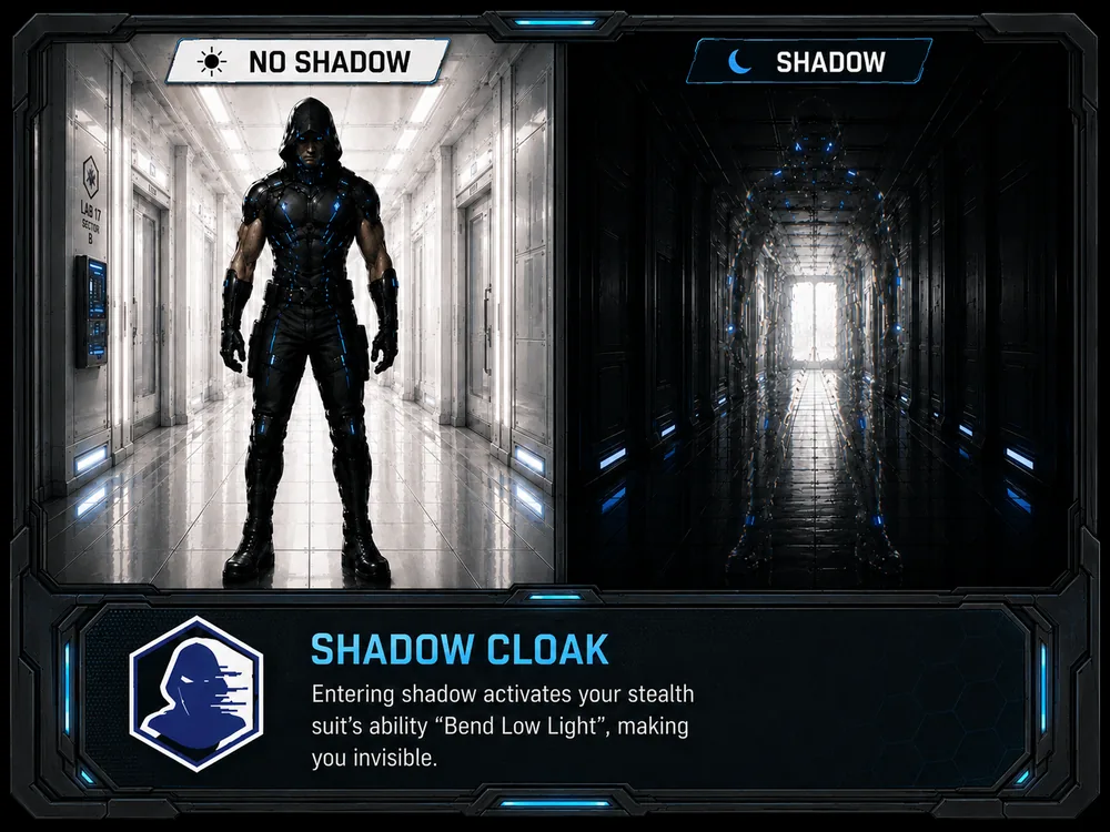 Shadow Cloak concept card: Kobe fully visible in a bright corridor beside his near-invisible outline in a dark one.