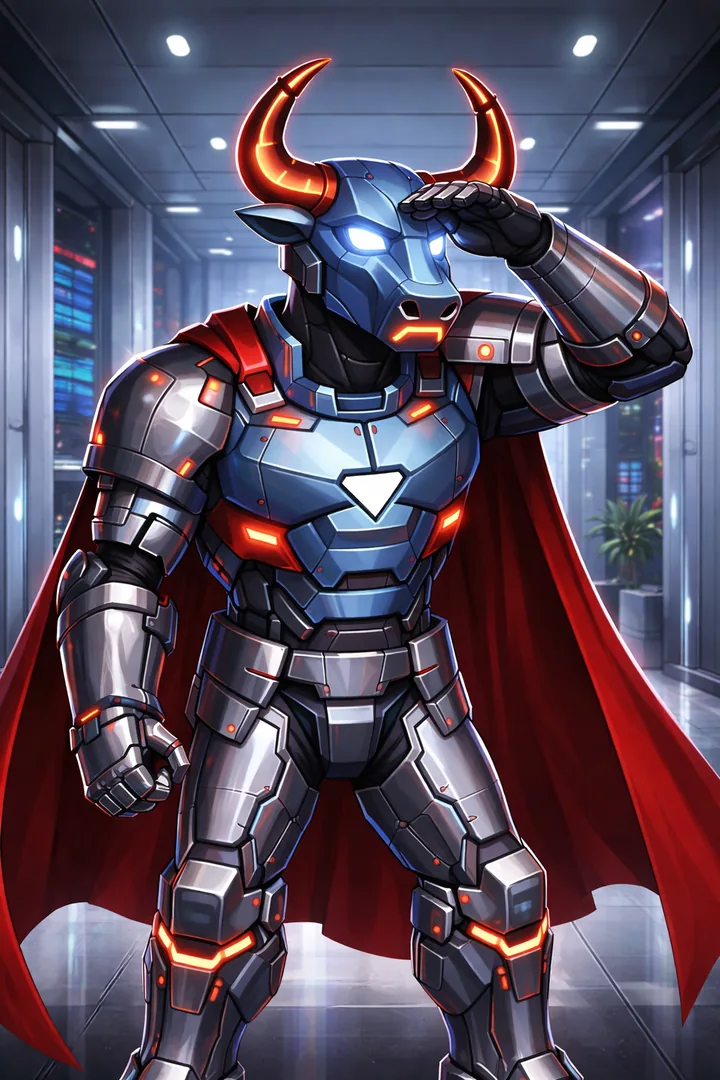 The Minotaur, a towering horned heavy robot in steel and blue armour with a red cape, in a neon-lit corridor.