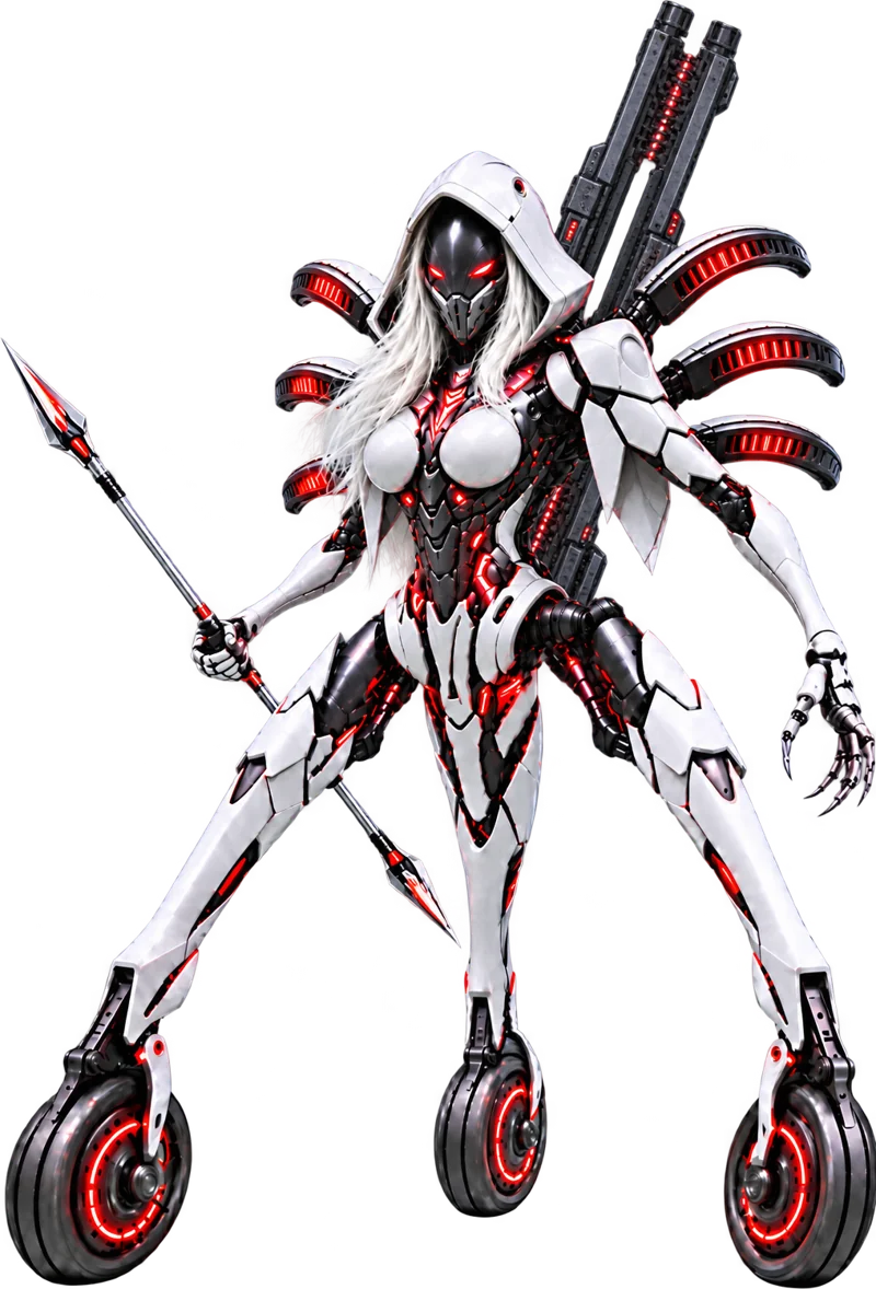 The Hunter, a masked boss robot in a white hood with red-lit armour, rolling on three wheeled legs and carrying a spear and a twin-barrelled cannon.