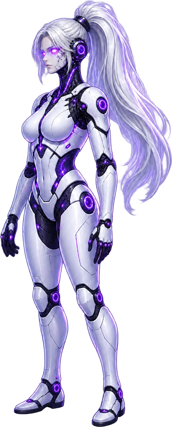 An enemy guard robot in silver and black armour with a long silver ponytail and glowing violet eyes.