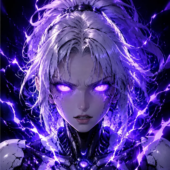 A possessed guard with silver hair and glowing violet eyes, crackling with purple energy.