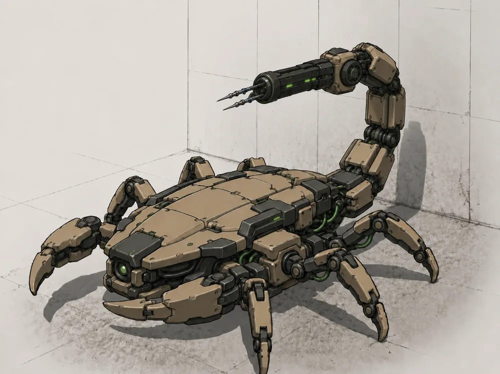 A tan, armour-plated robotic scorpion mine with a needle-tipped tail.