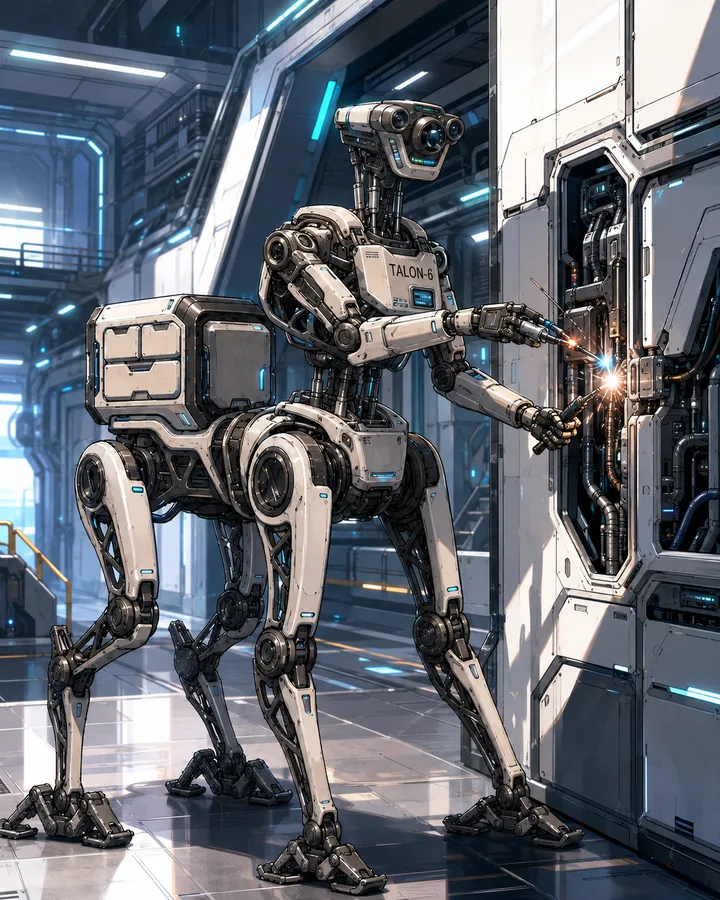 A four-legged Talon-6 maintenance robot welding inside an open wall panel.