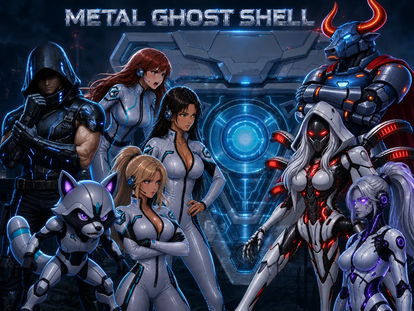 Metal Ghost Shell key art: Kobe, Xero, Aiko, Mina and Katy stand opposite the Minotaur, the Hunter and a silver-haired guard robot, beneath the game title.