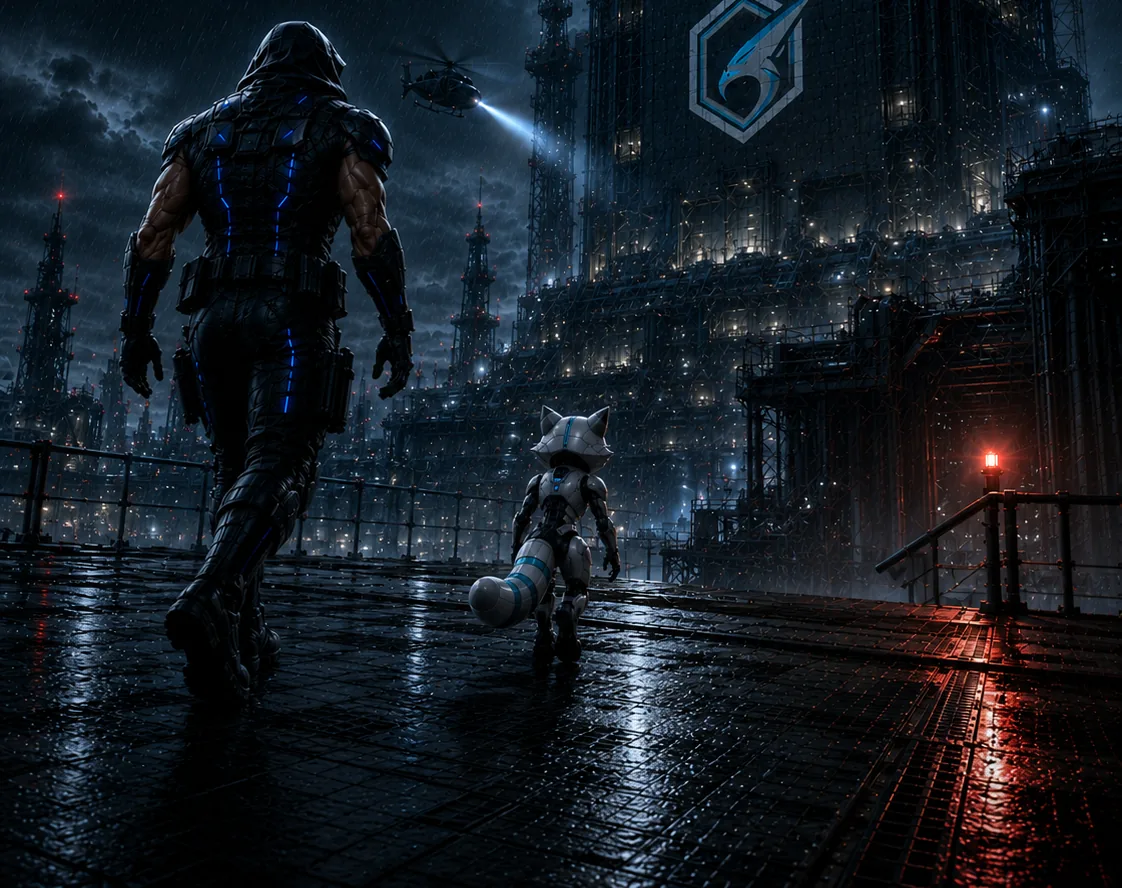 Kobe and Xero walk across a rain-soaked plaza towards a floodlit industrial tower at night.