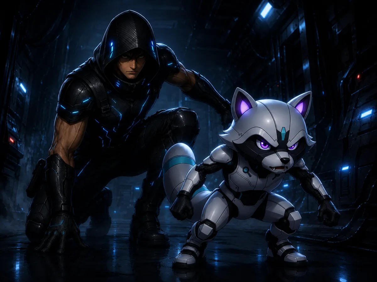 Kobe, in a hooded black stealth suit with blue trim, crouches in a dark corridor beside Xero, his raccoon-like robot companion.