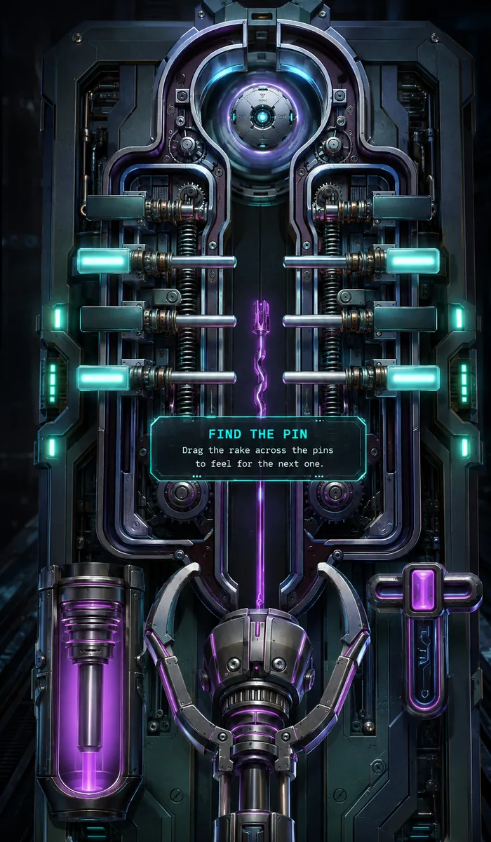 Core Breach lock mini-game concept: a mechanical lock with glowing pins and a rake tool.