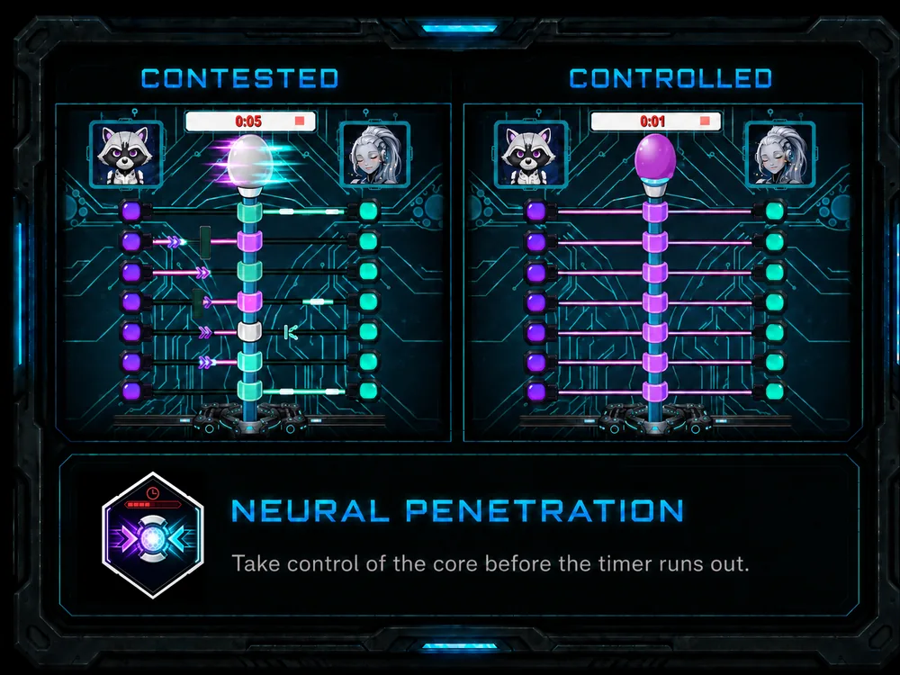 Neural Penetration mini-game concept card: Xero and a guard face off across rows of glowing nodes as the core shifts from contested to controlled.