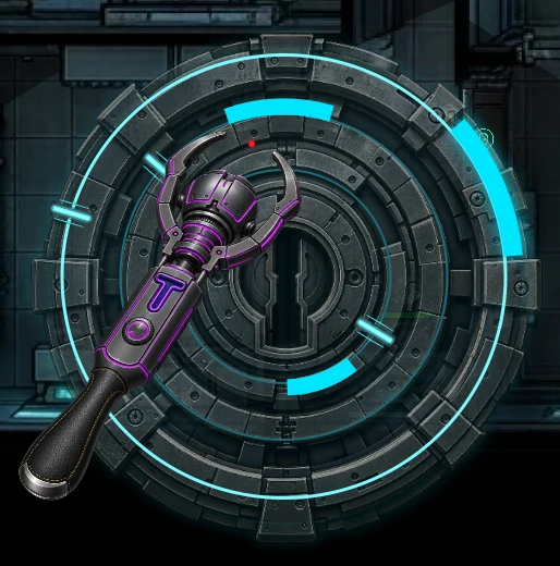 Sync-Lock mini-game in-game: a purple lockpick tool against a circular vault lock with glowing cyan timing arcs.