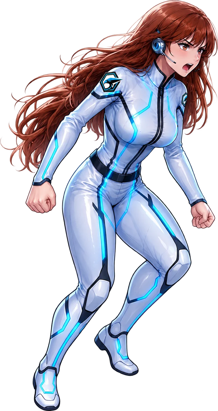 Aiko, a red-haired operative in a white and blue stealth suit, braced and calling out.