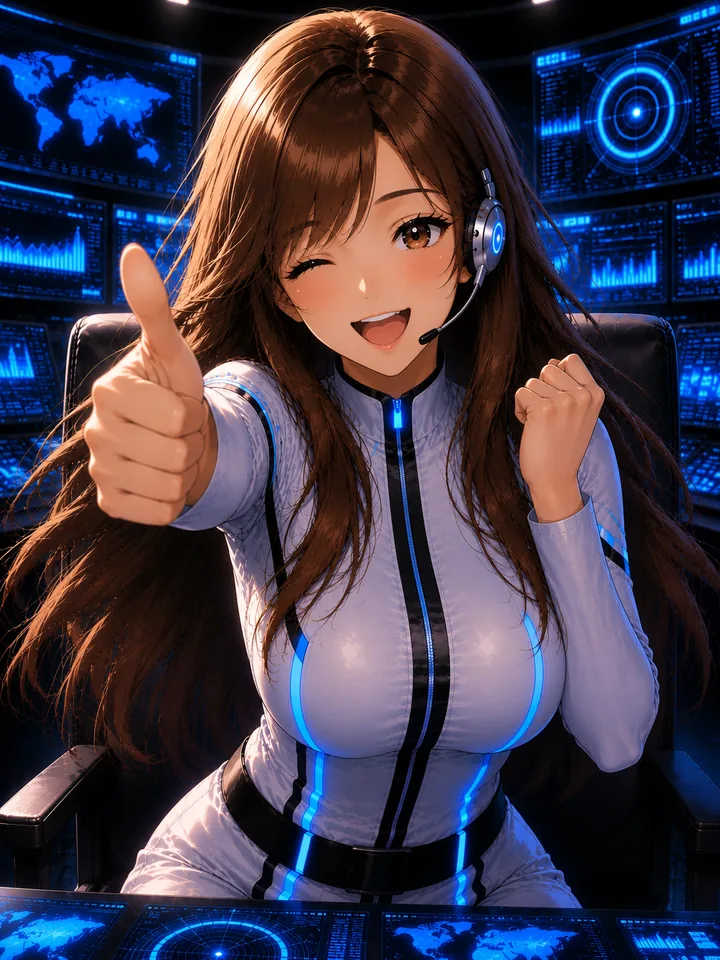 Aiko, a brown-haired operative with a headset, winks and gives a thumbs-up in front of glowing monitors.