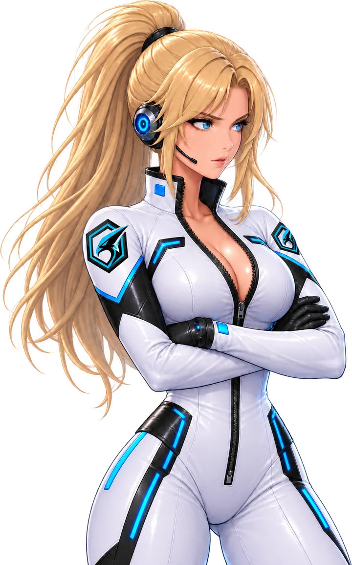 Katy, a blonde operative with a high ponytail and headset, arms folded.