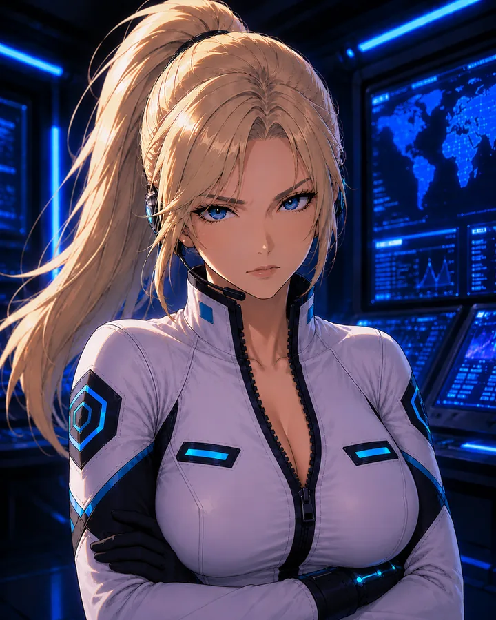 Katy, a blonde operative with a ponytail and headset, arms folded, in front of a world-map display.