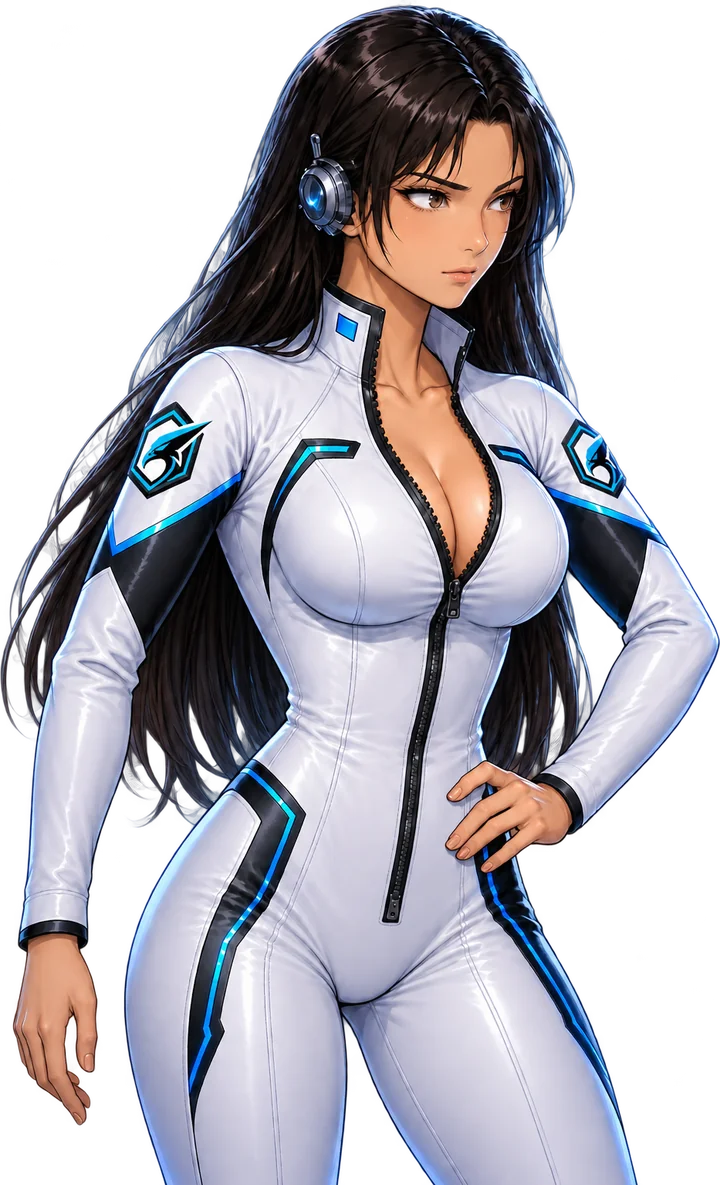Mina, a dark-haired operative in a white and blue stealth suit, hand on hip.