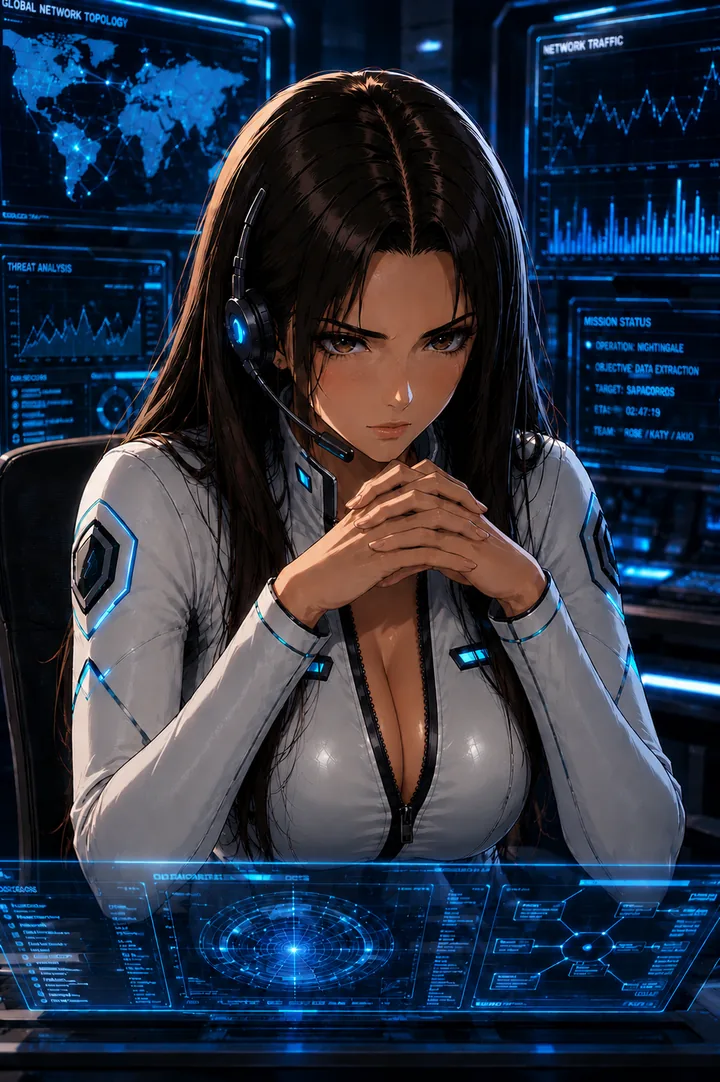 Mina, a dark-haired operative with a headset, hands clasped, studying a glowing holographic display.