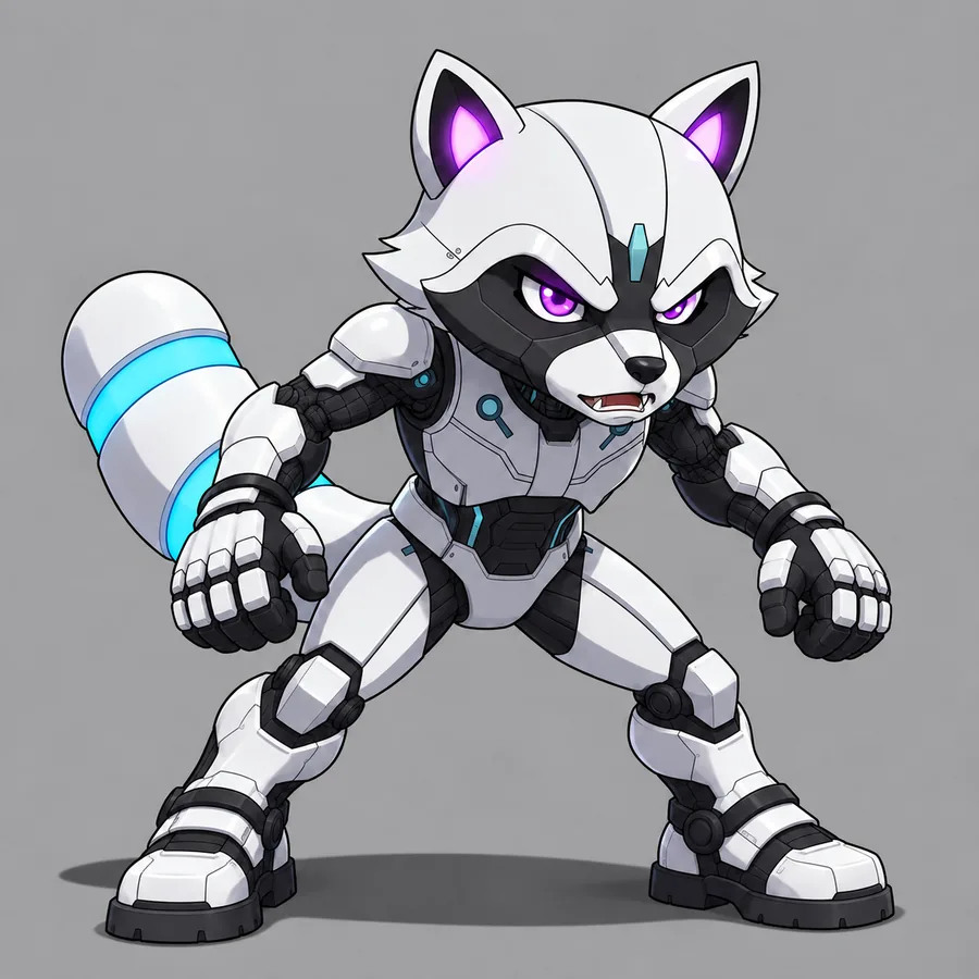 Xero, a white raccoon-like robot with violet eyes and a glowing striped tail, in a ready stance.