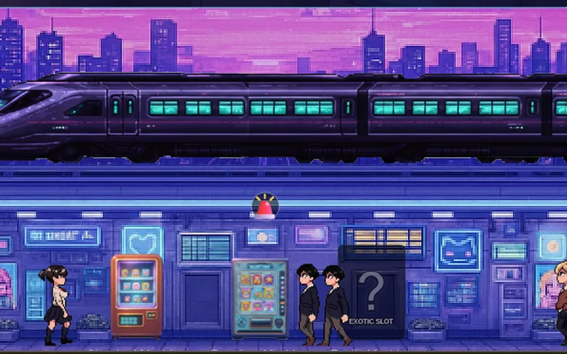 VendRunner pixel-art cyberpunk train station lined with vending machines