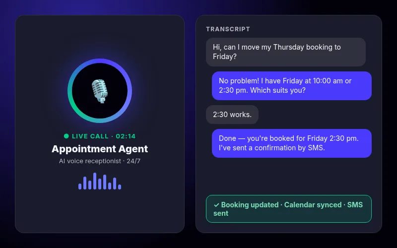 AI voice agent live call screen showing a booking being moved and confirmed